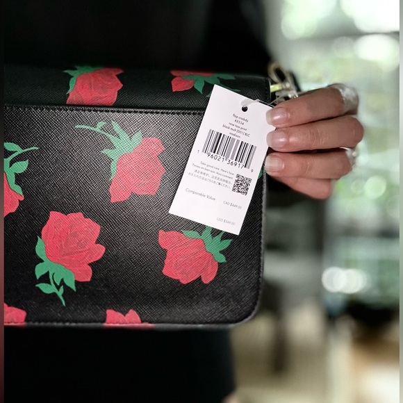 NWT Kate Spade Crossbody Rose Printed Flap Crossbody Purse Black Multi - Picture 6 of 9